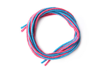 Colorful circle frame made of thread isolated on white background. Empty frame of cotton thread.