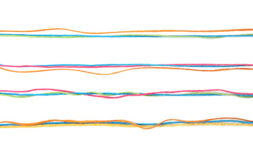 Set of colorful lines of cotton thread  isolated on white background. Different color pink, green,...