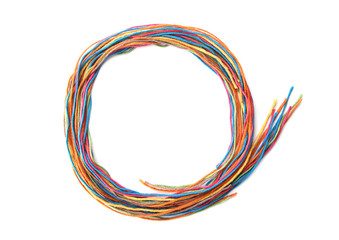 Colorful circle frame made of thread isolated on white background. Empty frame of cotton thread.
