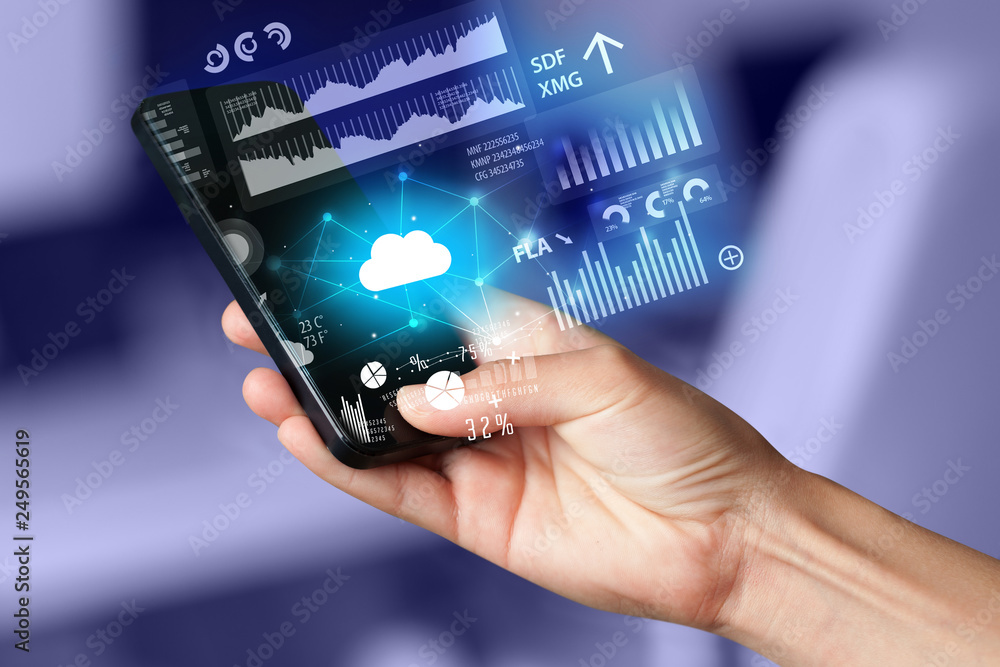 Poster hand using phone with cloud technology and linked information concept