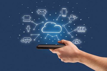 Hand working with cloud technology system and office symbol concept
