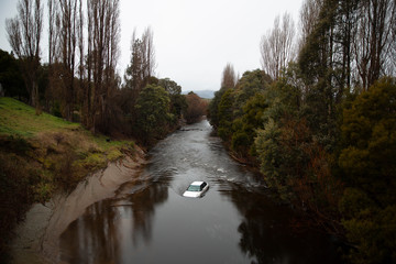 Car stuck in river, Tasmania