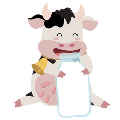 Cow hand drawn cute card with milk,cow,bottle and bell