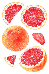 set of grapefruit isolated on white background. Whole fruits and slices