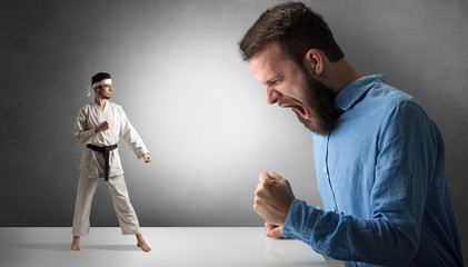 Giant hipster man yelling at a small karate man