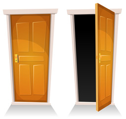 Obraz premium Doors, Closed And Open/ Illustration of a set of cartoon front doors opened and closed with sky background, symbolizing death frontier, paradise or heaven's gate