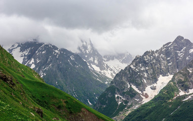 Fototapeta premium Dombay, Karachay-Cherkess Republic, Dombay mountain in summer, beautiful mountain landscape