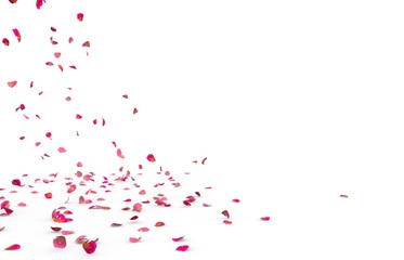 Small rose petals fly and fall to the floor