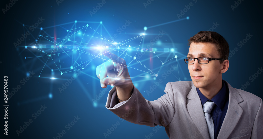 Poster Man touching hologram screen displaying modern web system
