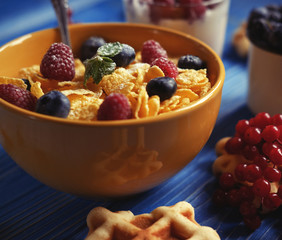Healthy breakfast with corn flakes, berries, waffle and milk on blue background