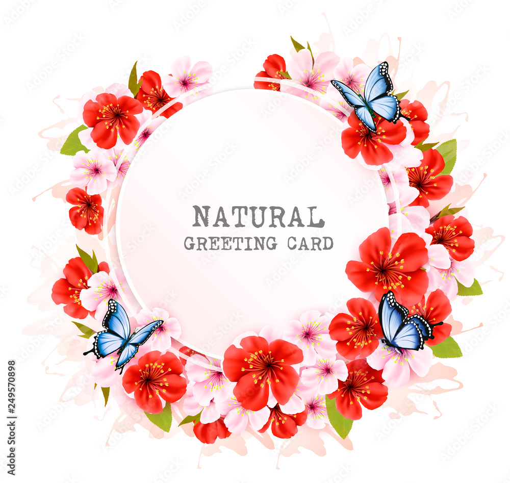 Poster spring nature getting card with a colorful flowers and butterflies. vector