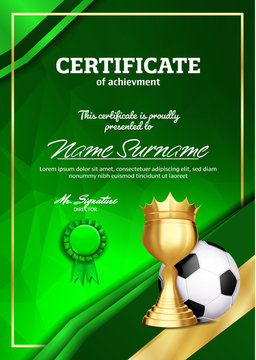 Soccer Certificate Diploma With Golden Cup Vector. Football. Sport Award Template. Achievement Design. Honor Background. A4 Vertical. Illustration