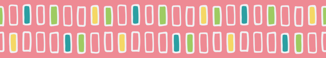 Hand drawn rectangles in spring and summer colors, seamless repeat border. Vector design for textile edging, graphic design ribbon, banners, tape, wallpaper borders and fashion accessories.