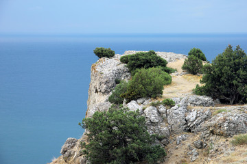 best view of magnificent rocky cliff with white stones, sand, and green mountain pines and trees on the blue sea coast in Crimea