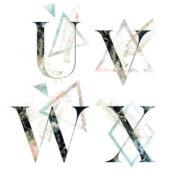 Abstract Alphabet Font Set - textured letters U, V, W, X composition with geometric delicate shape triangle. Unique collection for wedding invites decoration and many other concept ideas.