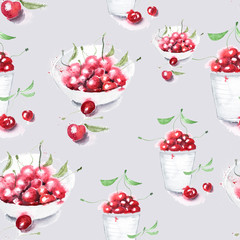 Seamless watercolor pattern with hand drawn cherry