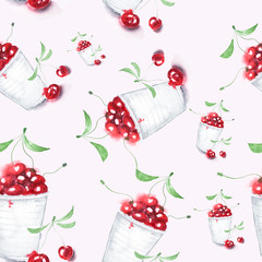 Seamless watercolor pattern with hand drawn cherry