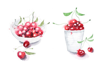 Hand drawn watercolor sweet cherry