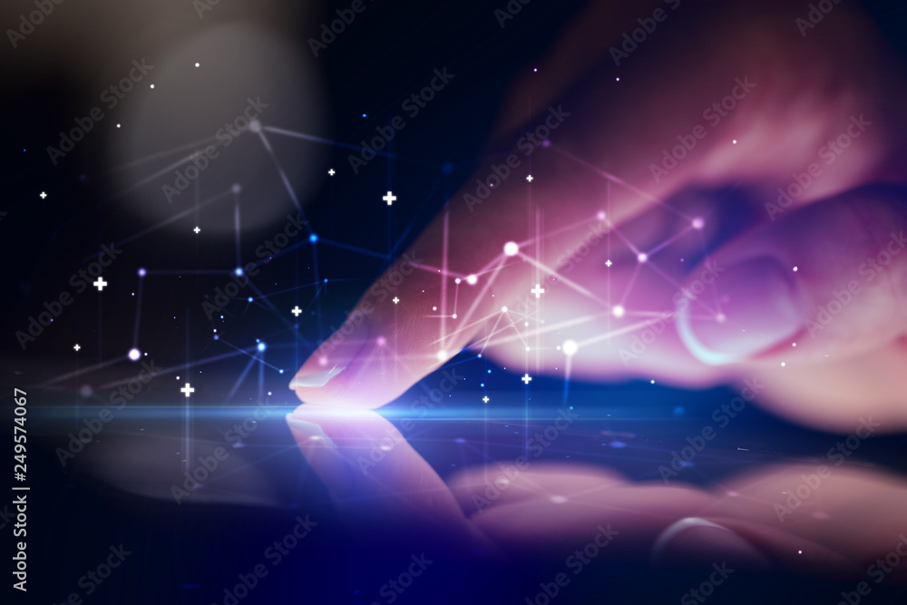 Poster finger touching tablet with global network concept and dark background