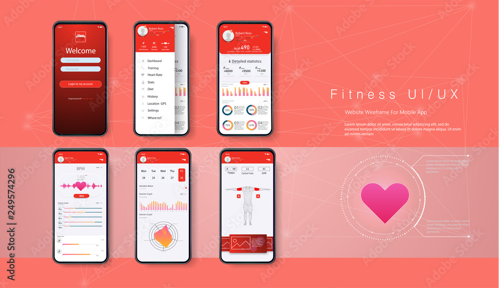 Poster different ui, ux, gui screens fitness app and flat web icons for mobile apps, responsive website inc