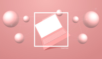 Coral color laptop mockup with perspective . Living Coral color of the year. Color trend palette.Vector