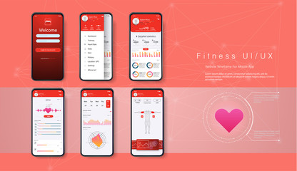 Different UI, UX, GUI screens fitness app and flat web icons for mobile apps, responsive website including. Web design and mobile template. Fitness Dashboard - stock vector