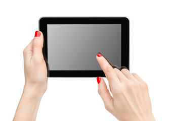 Woman's hands using tablet PC. Isolated on white.