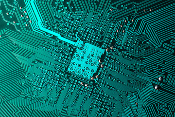Close up photo of teal pcb printecd circuit board electric paths - obrazy, fototapety, plakaty