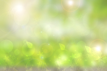 Fototapeta premium Abstract natural spring light green background texture with leaves and bokeh circles. Space.