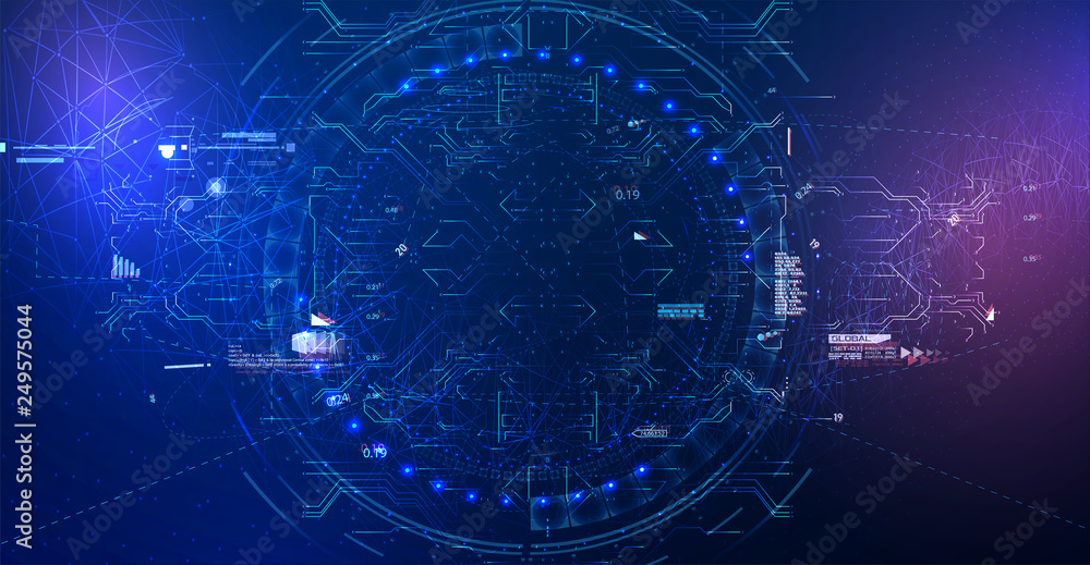 Poster HUD UI. Abstract virtual graphic touch user interface. Abstract circuit board global network technology background 