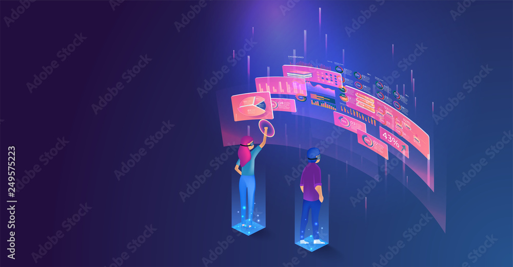 Poster isometric business analytics statistics data charts vector illustration. network people teamwork con