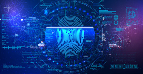Finger Scan in Futuristic HUD UI GUI style . Concept of digital security, electronic fingerprint on scanning screen. Cyber security concept. Futuristic blue and red background. Vector