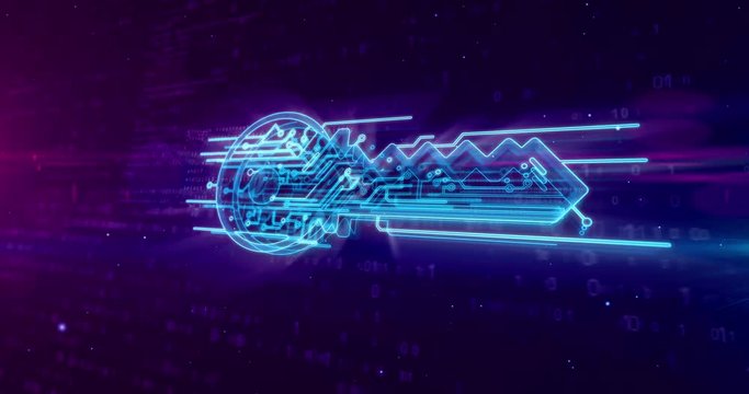 Data encryption, cyber protection and digital key sign on dynamic binary background. Computer security technology abstract concept 3D animation.