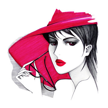 Lady in a red hat and with glasses in her hands. Figure ballpoint pen and red marker