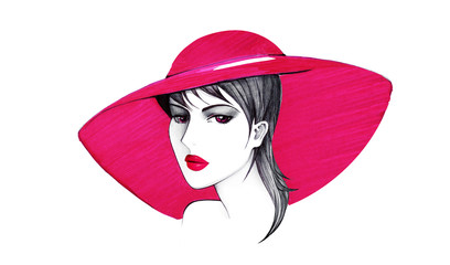 Lady in a red hat. Figure ballpoint pen and red marker