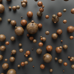Wooden abstract spheres backdrop. 3d rendering balls, illuminated cold and warm. Interior room
