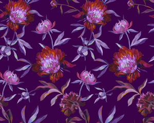 Fototapeta na wymiar Floral seamless pattern with blossom flowers. Hand drawn peonies, buds and leaves painted with acrylic and gouache. Backdrop for wallpaper, fabric, textile, texture, wrapper or surface.