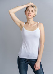 Girl studio portrait snap, model holding head