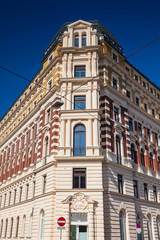 Fototapeta premium Beautiful antique building at the corner of Linke Bahngasse and Beatrixgasse