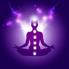 Human body in yoga lotus asana and seven chakras symbols on dark blue purple starry background with light or lightning bolts