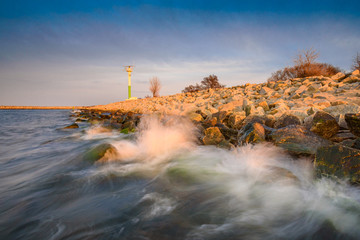 Sea waves crashing against the rocks in Gorki Zachodnie, Baltice Sea, Gdansk, Poland.