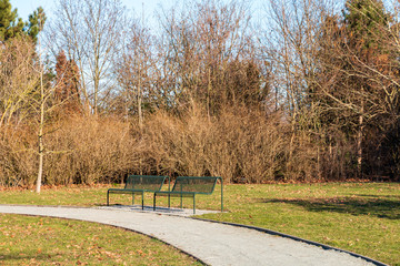 Park bench at a walk in a park in spring or autumn in sunny weather and blue sky