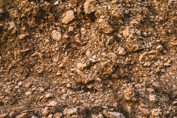 Gold background of rocky soil. Soil texture for branding, calendar, multicolor card, banner, cover, poster, website.  A place to copy your design or text. High quality photography