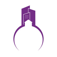 city buildings, arrow, on top of globe