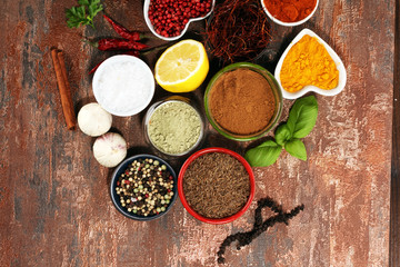 Spices and herbs on table. Food and cuisine ingredients.