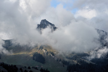 View of the mountain covered by the clouds.