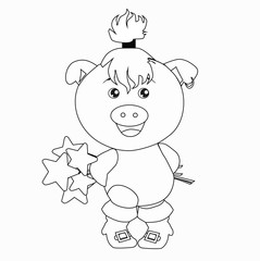 Coloring book for kids. Black and white cute cartoon pig. Vector illustration.