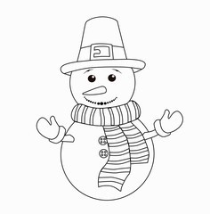 Coloring book for kids. Black and white cute cartoon snowman. Vector illustration.