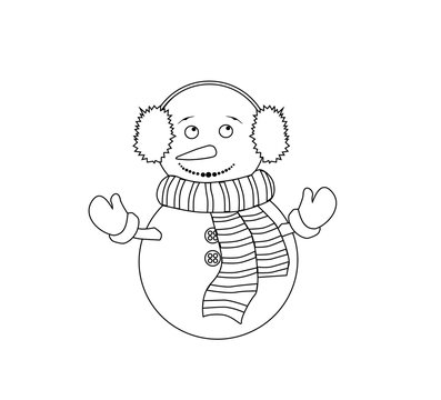 Coloring book for kids. Black and white cute cartoon snowman. Vector illustration.