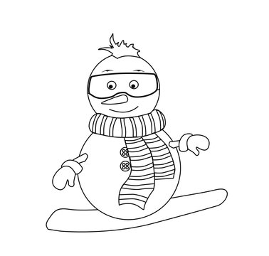 Coloring book for kids. Black and white cute cartoon snowman. Vector illustration.